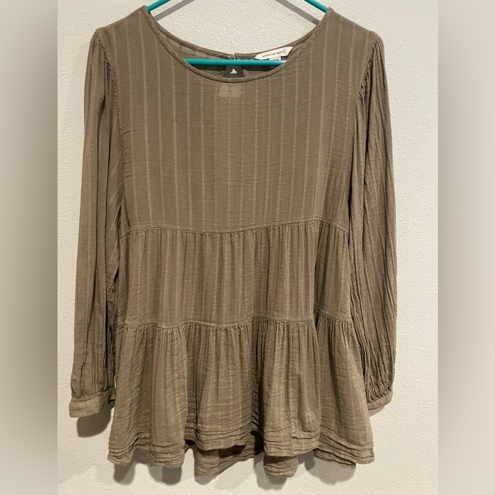 Long Sleeve Tiered Peplum Top - Olive Green